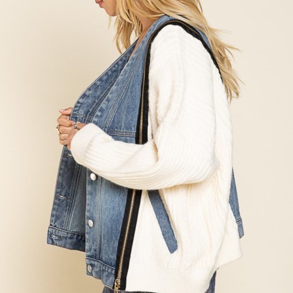 Oversized Denim Button Down Spliced Jacket - Picture 7 of 9